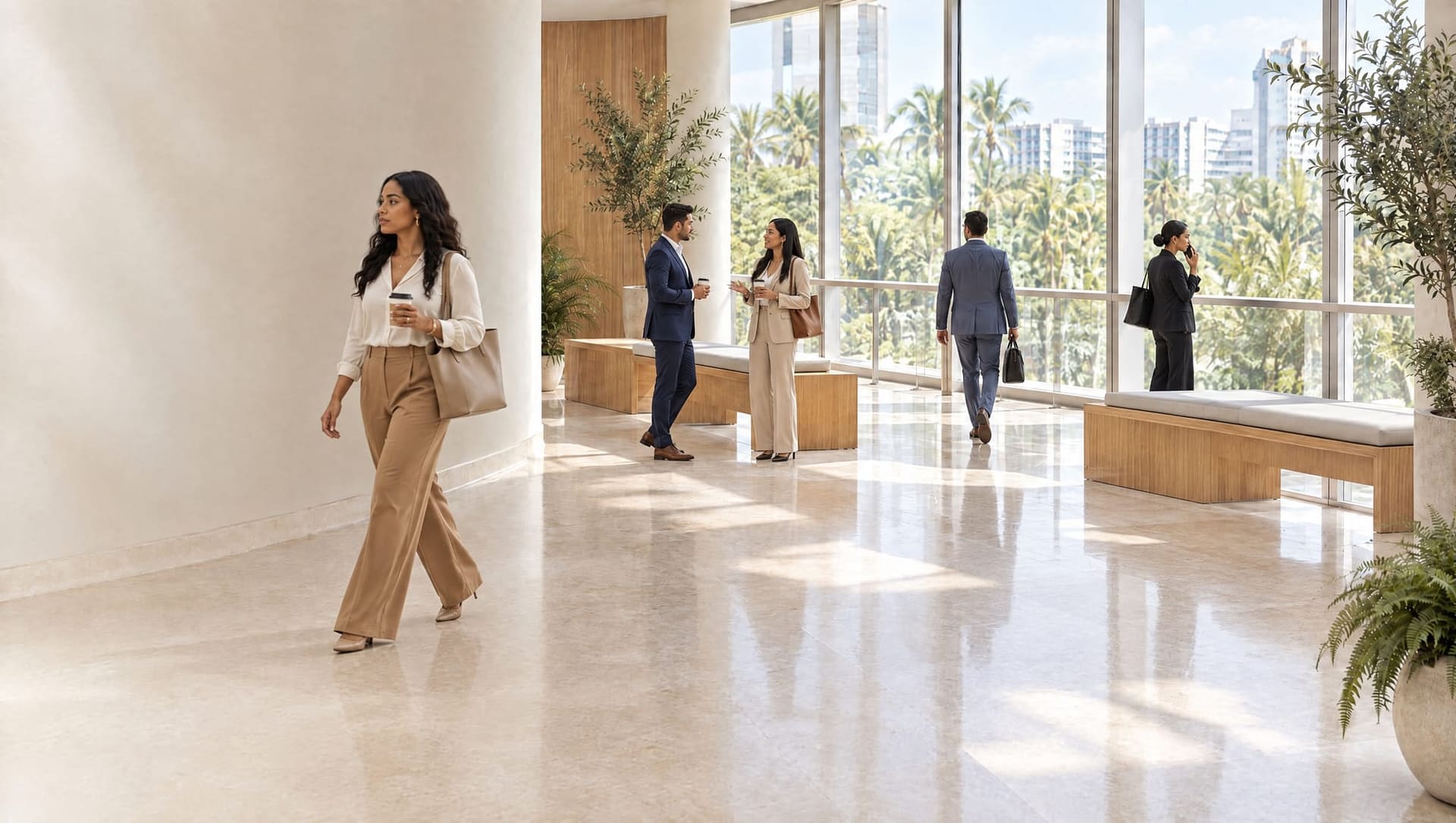 Un lobby corporativo a primera hora: personas cruzan con café, dos colegas conversan junto al banco, alguien habla por teléfono frente al ventanal