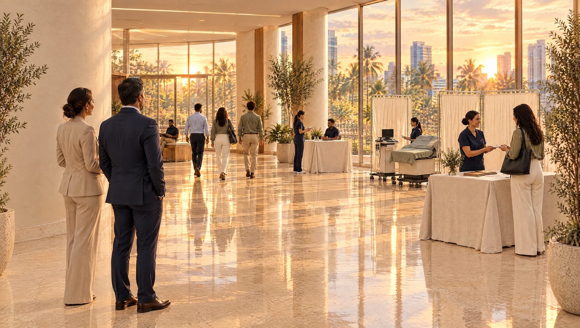Al atardecer, dos directivos observan desde el fondo del lobby la jornada de salud funcionando: registro, estaciones, profesionales y colaboradores